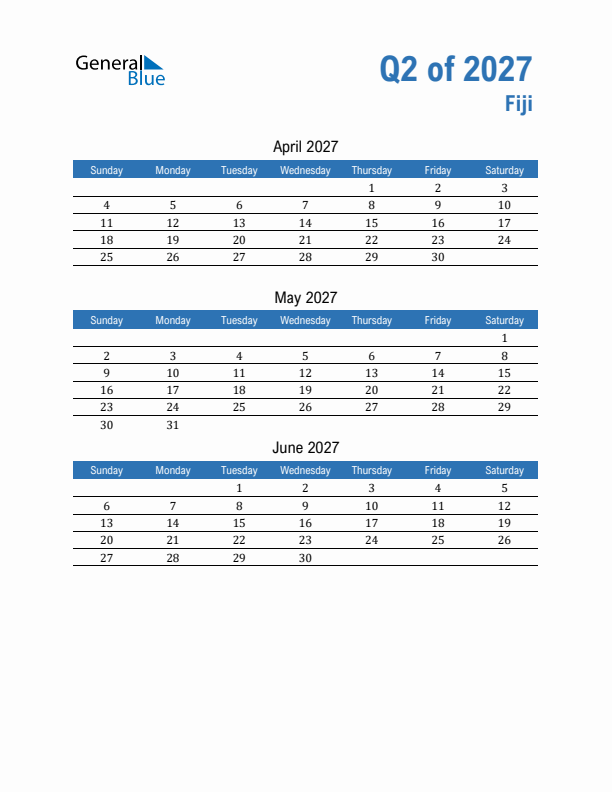Fiji Q2 2027 Quarterly Calendar with Sunday Start