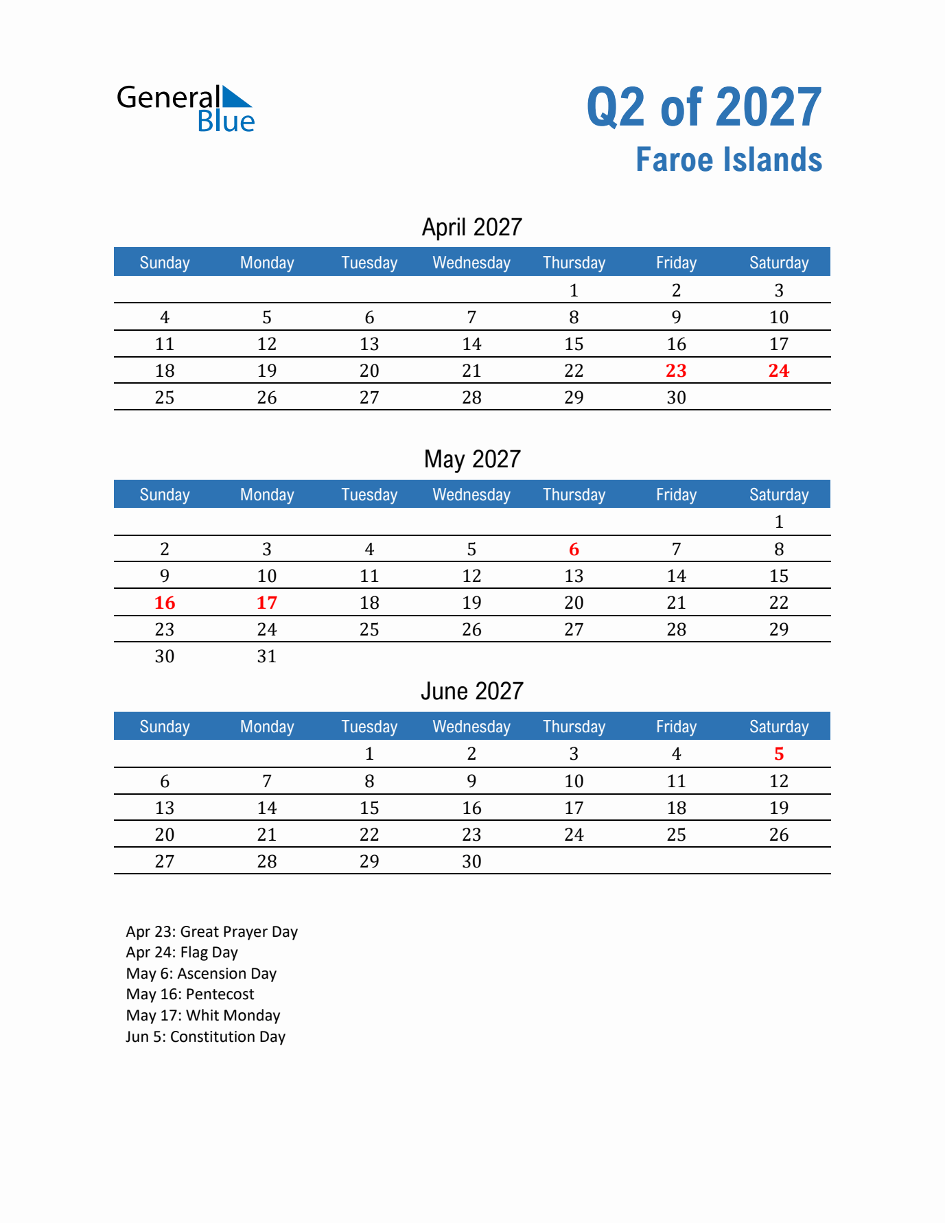 Faroe Islands Q2 2027 Quarterly Calendar with Sunday Start