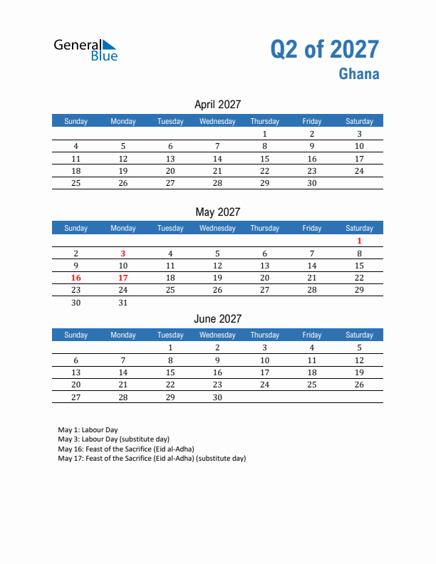 Ghana Q2 2027 Quarterly Calendar with Sunday Start