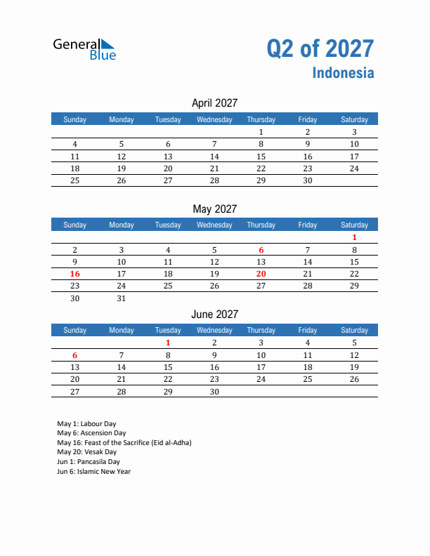Indonesia Q2 2027 Quarterly Calendar with Sunday Start