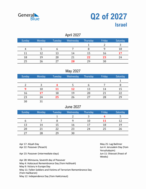 Israel Q2 2027 Quarterly Calendar with Sunday Start