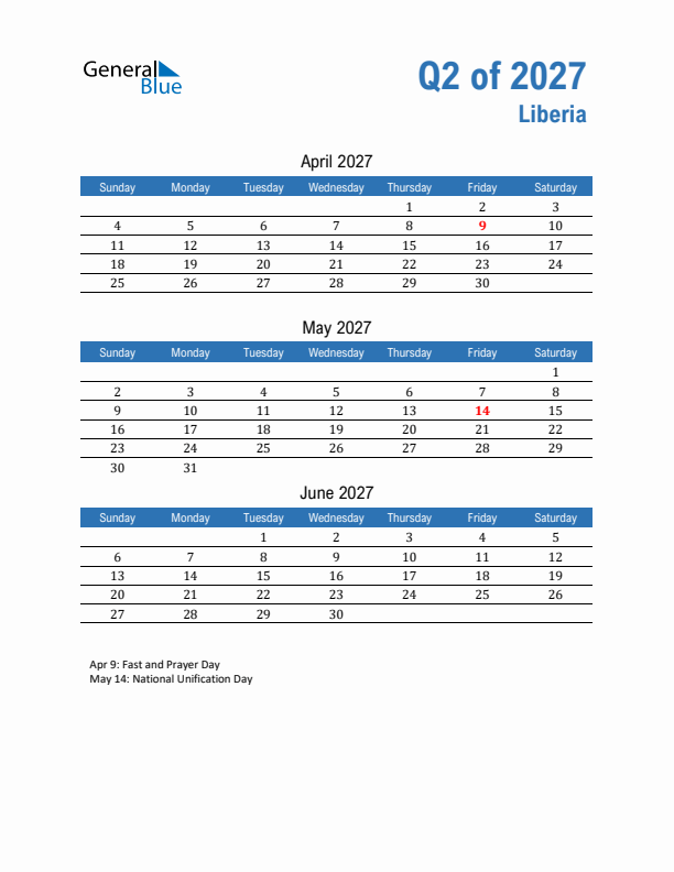 Liberia Q2 2027 Quarterly Calendar with Sunday Start