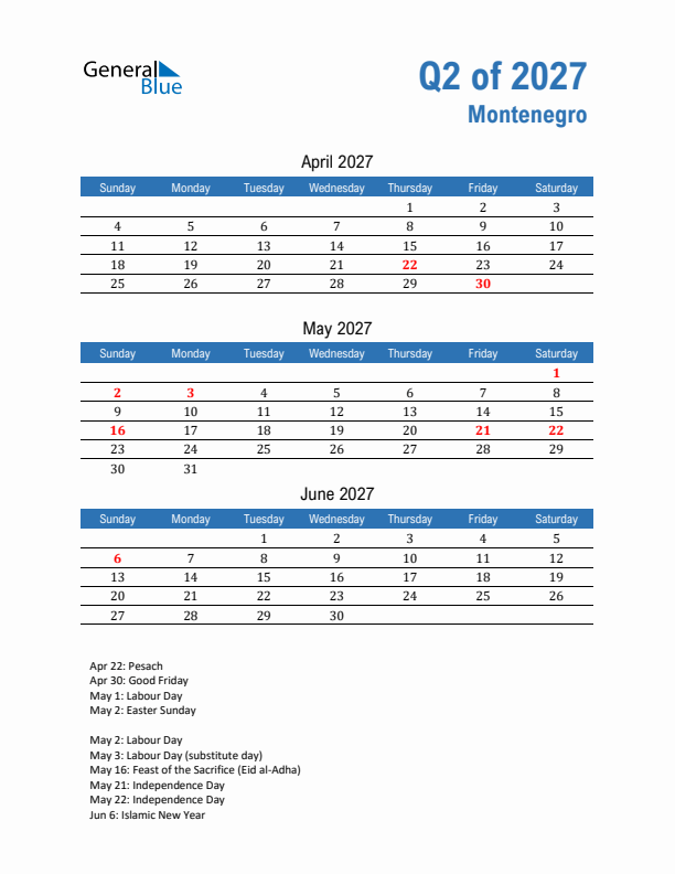 Montenegro Q2 2027 Quarterly Calendar with Sunday Start