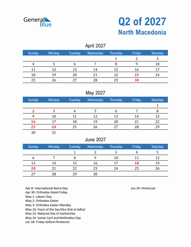 North Macedonia Q2 2027 Quarterly Calendar with Sunday Start
