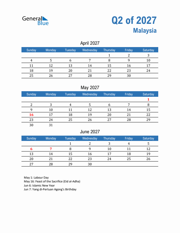 Malaysia Q2 2027 Quarterly Calendar with Sunday Start