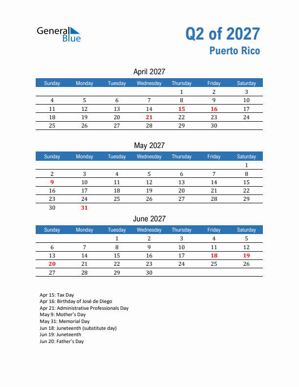 Puerto Rico Q2 2027 Quarterly Calendar with Sunday Start