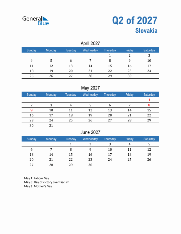 Slovakia Q2 2027 Quarterly Calendar with Sunday Start