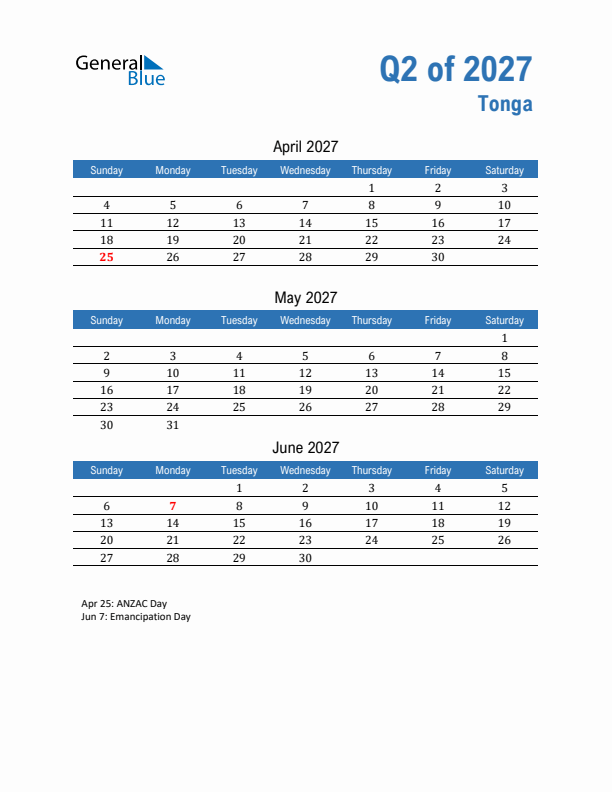 Tonga Q2 2027 Quarterly Calendar with Sunday Start