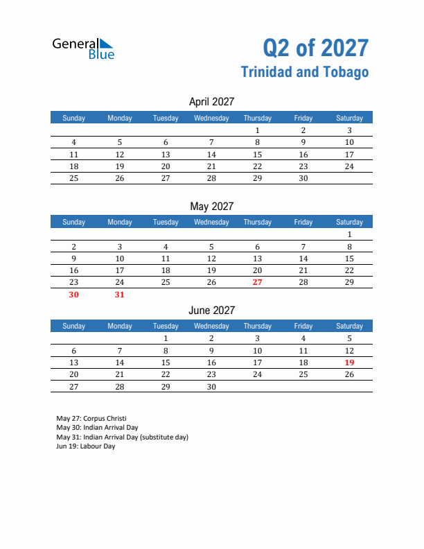 Trinidad and Tobago Q2 2027 Quarterly Calendar with Sunday Start