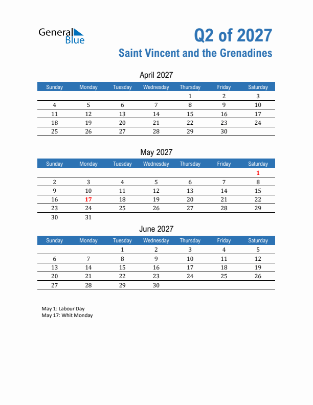 Saint Vincent and the Grenadines Q2 2027 Quarterly Calendar with Sunday Start
