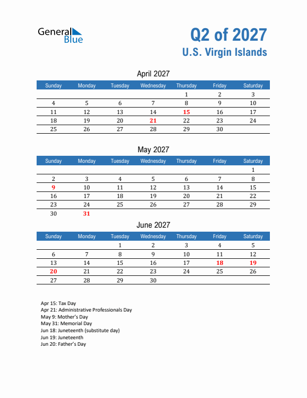 U.S. Virgin Islands Q2 2027 Quarterly Calendar with Sunday Start