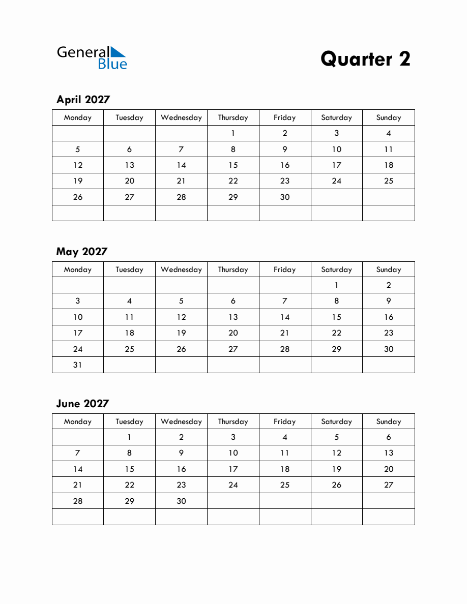 Quarter 2 2027 Calendar - Monday Start