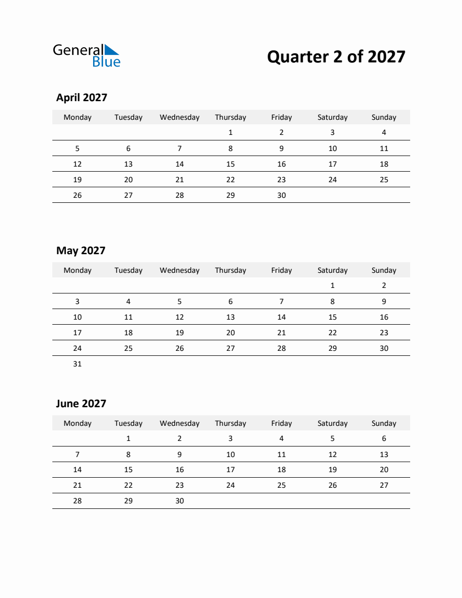 2027 Q2 Three-Month Calendar (April, May, and June) - Monday Start