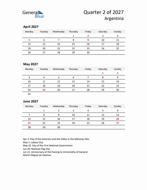 2027 Q2 Three-Month Calendar for Argentina