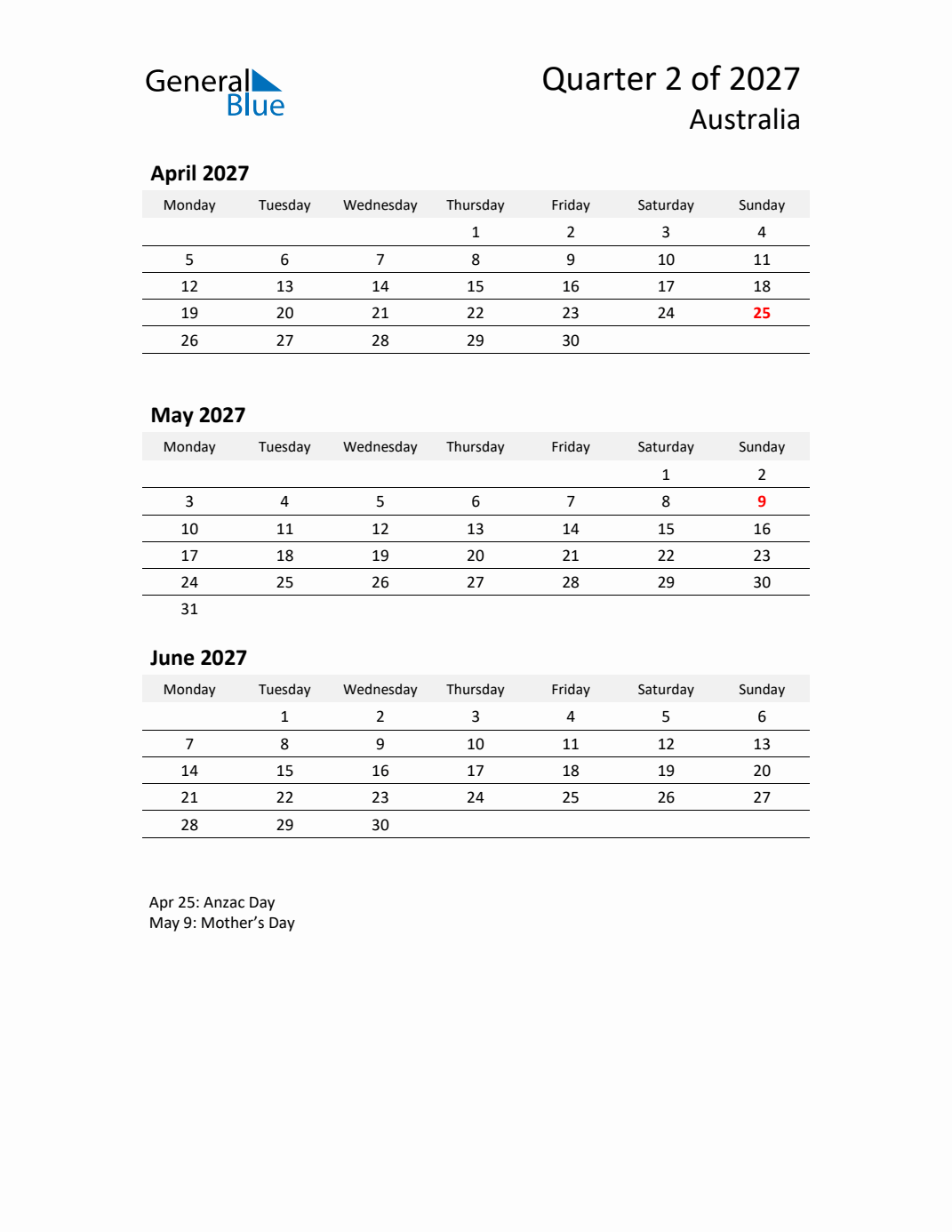 Q2 2027 Monday Start Quarterly Calendar with Australia Holidays