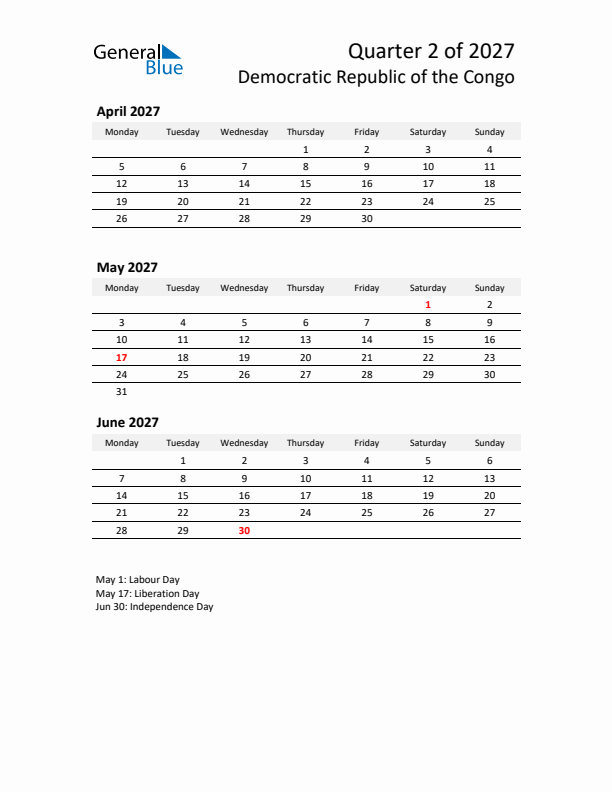 2027 Q2 Three-Month Calendar for Democratic Republic of the Congo