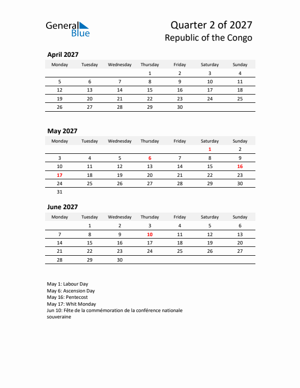 2027 Q2 Three-Month Calendar for Republic of the Congo