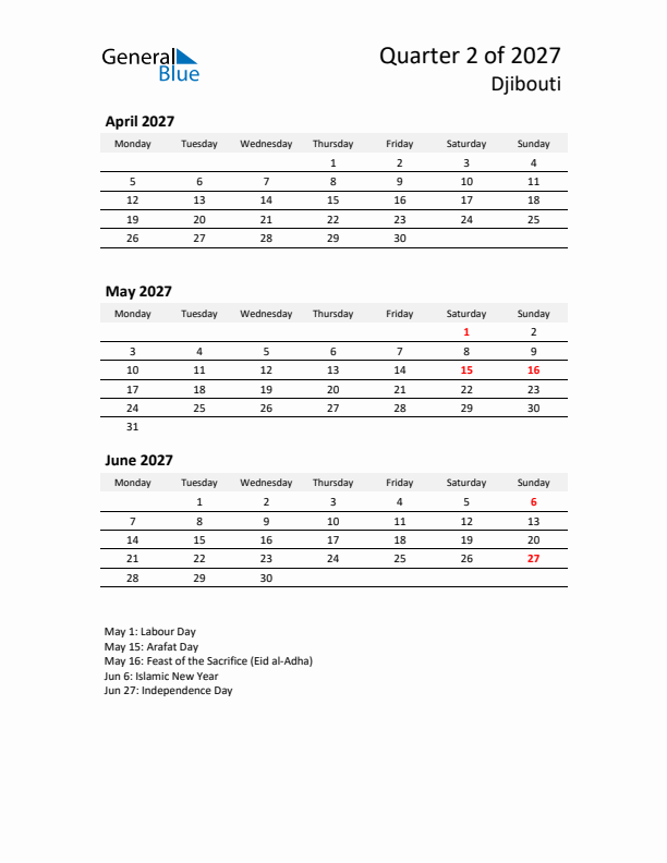 2027 Q2 Three-Month Calendar for Djibouti