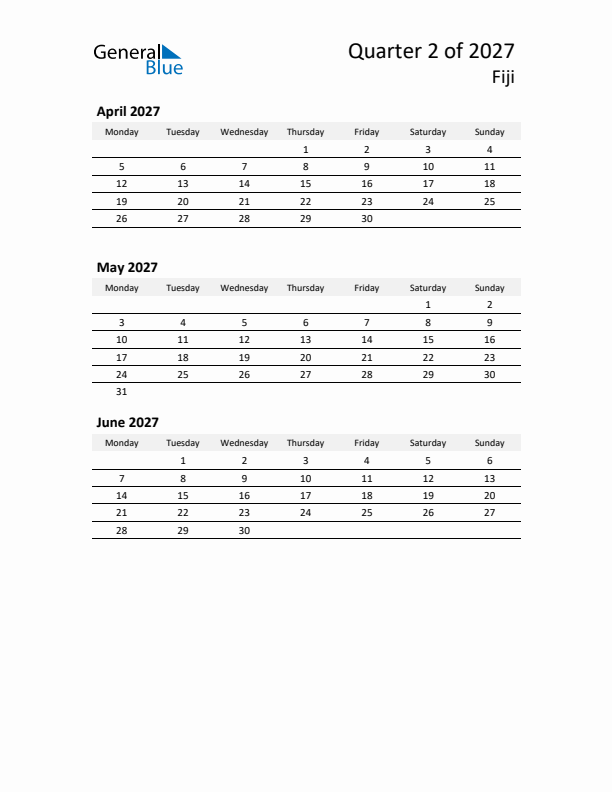 2027 Q2 Three-Month Calendar for Fiji