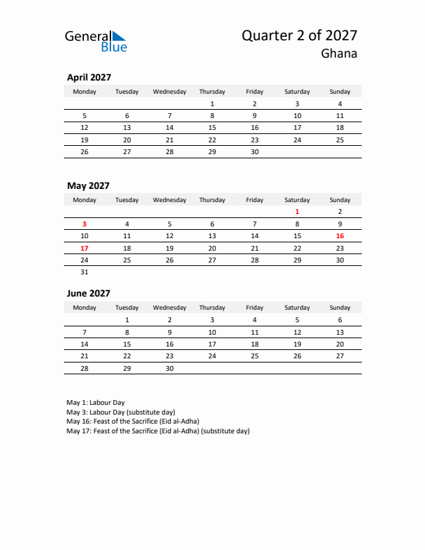 2027 Q2 Three-Month Calendar for Ghana