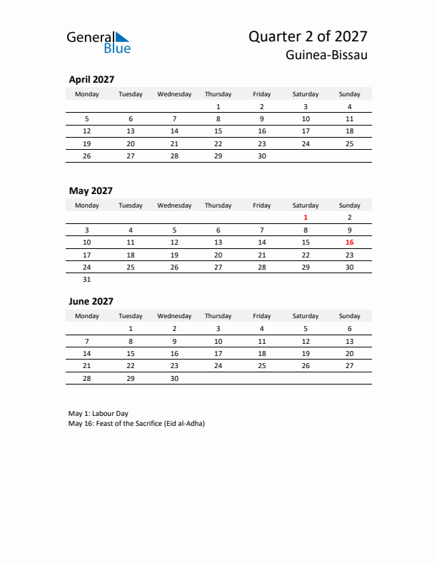 2027 Q2 Three-Month Calendar for Guinea-Bissau