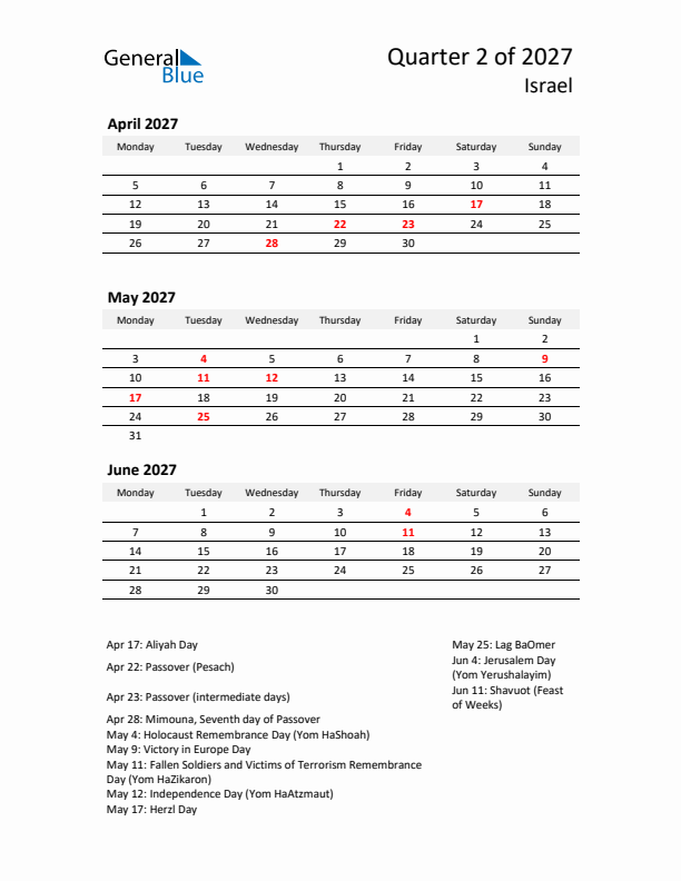 2027 Q2 Three-Month Calendar for Israel