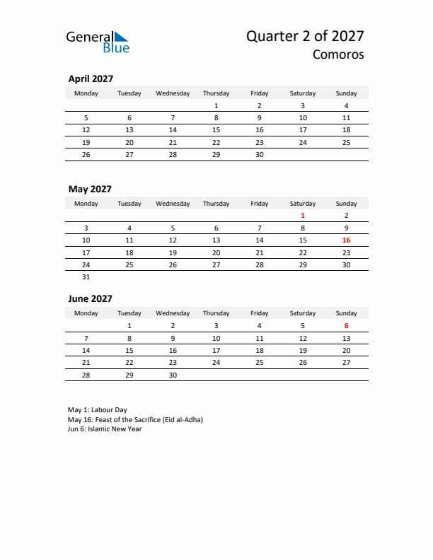 2027 Q2 Three-Month Calendar for Comoros