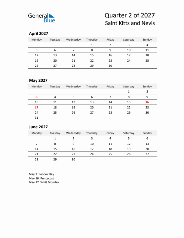 2027 Q2 Three-Month Calendar for Saint Kitts and Nevis
