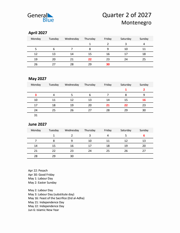 2027 Q2 Three-Month Calendar for Montenegro