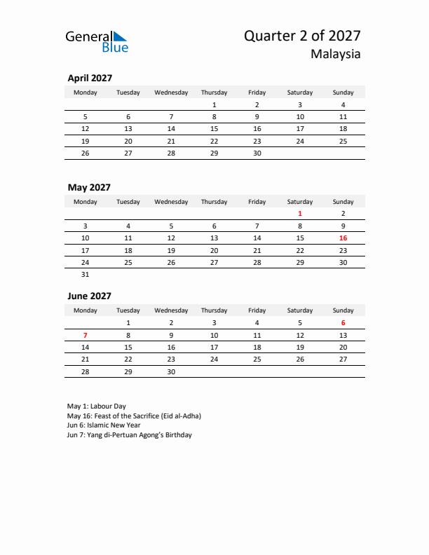 2027 Q2 Three-Month Calendar for Malaysia
