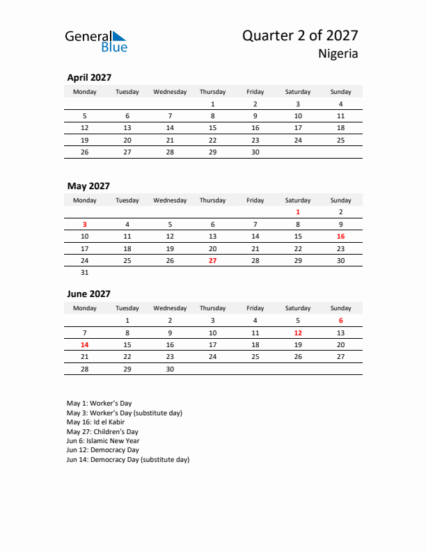 2027 Q2 Three-Month Calendar for Nigeria