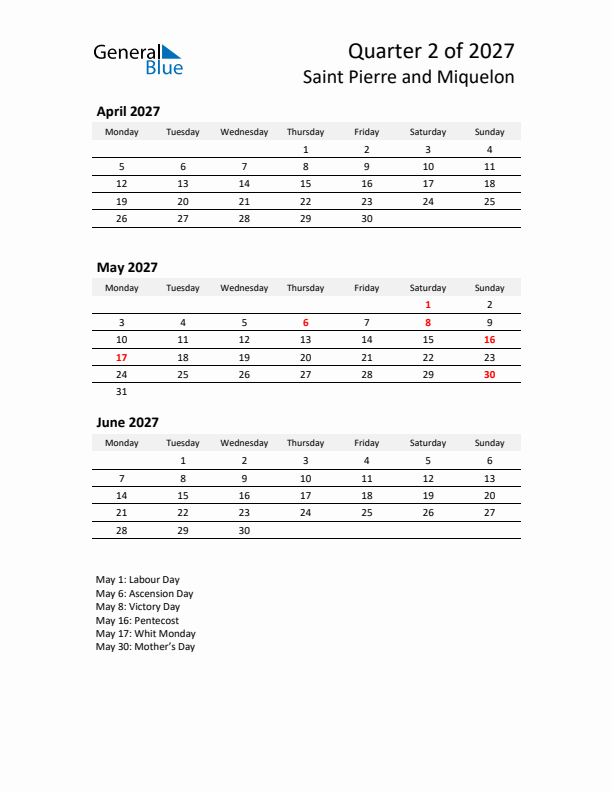 2027 Q2 Three-Month Calendar for Saint Pierre and Miquelon