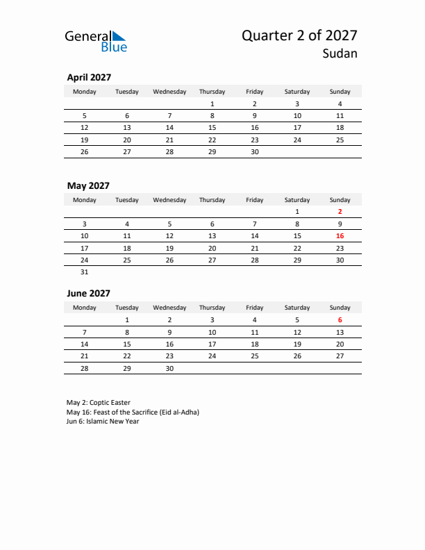 2027 Q2 Three-Month Calendar for Sudan