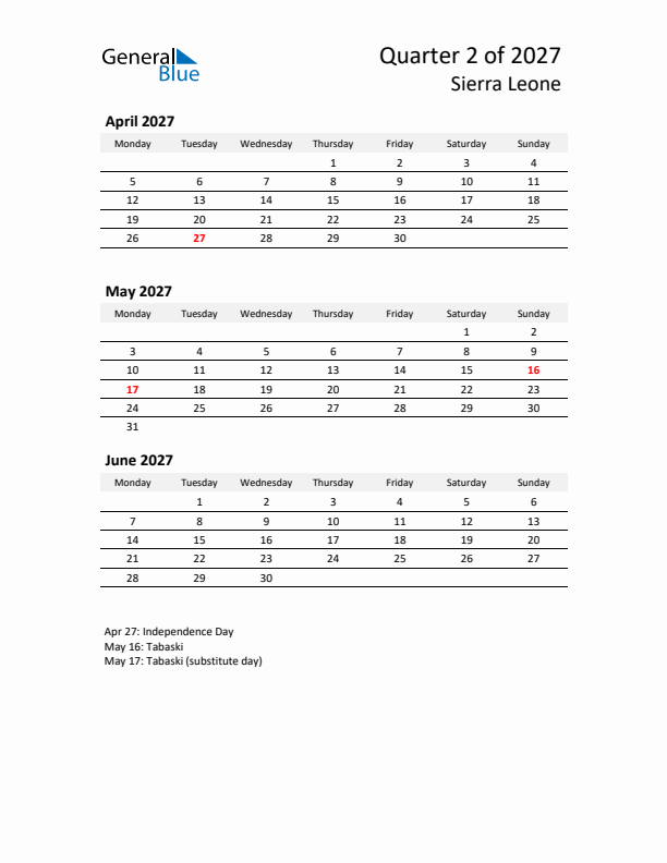 2027 Q2 Three-Month Calendar for Sierra Leone