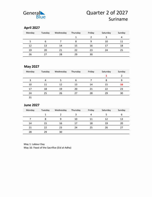 2027 Q2 Three-Month Calendar for Suriname