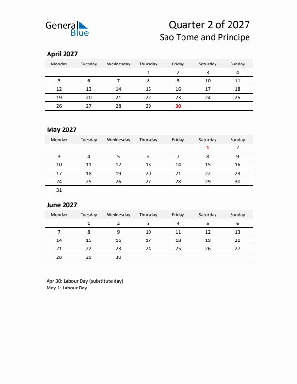 2027 Q2 Three-Month Calendar for Sao Tome and Principe