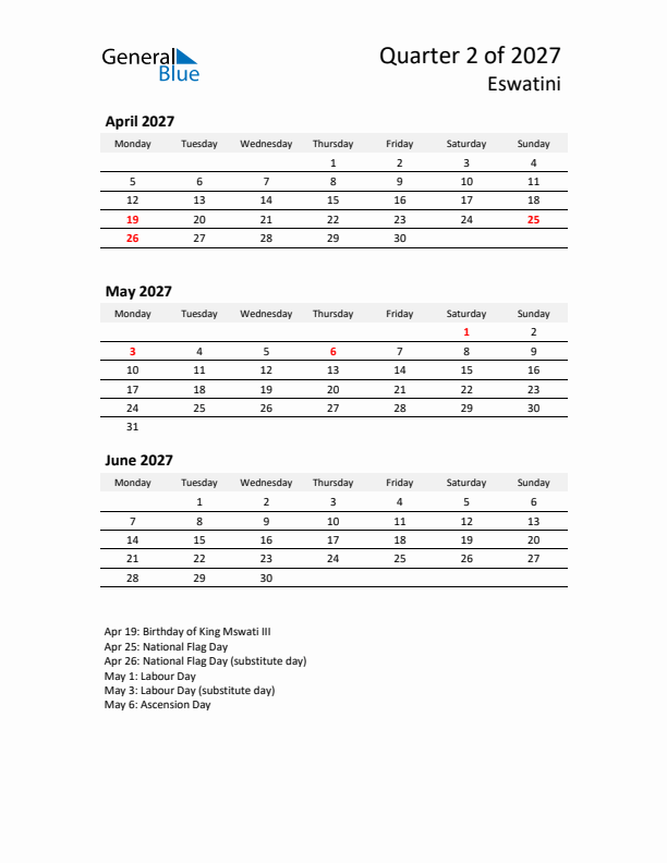 2027 Q2 Three-Month Calendar for Eswatini