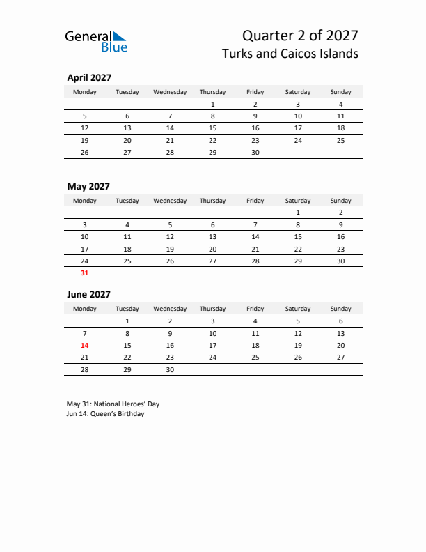 2027 Q2 Three-Month Calendar for Turks and Caicos Islands