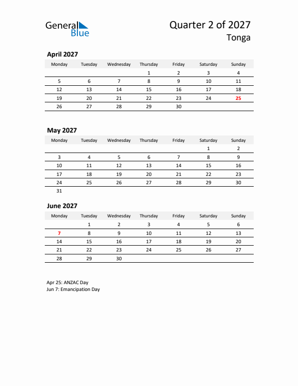 2027 Q2 Three-Month Calendar for Tonga