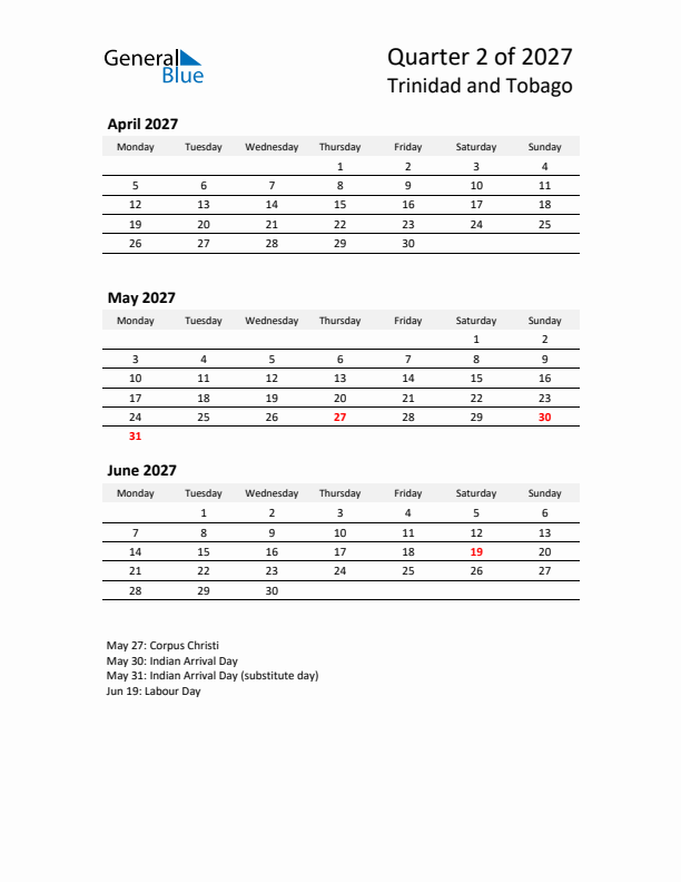 2027 Q2 Three-Month Calendar for Trinidad and Tobago