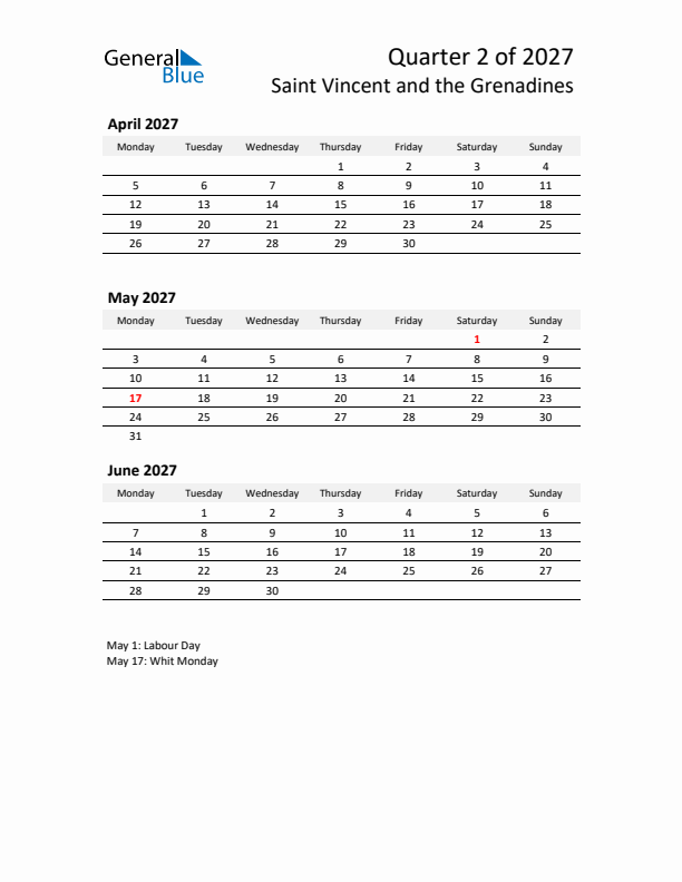 2027 Q2 Three-Month Calendar for Saint Vincent and the Grenadines