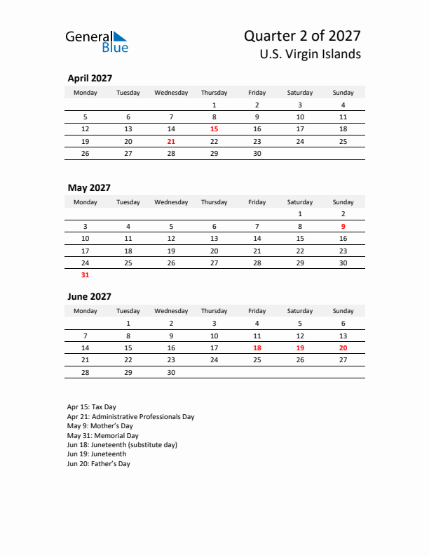 2027 Q2 Three-Month Calendar for U.S. Virgin Islands