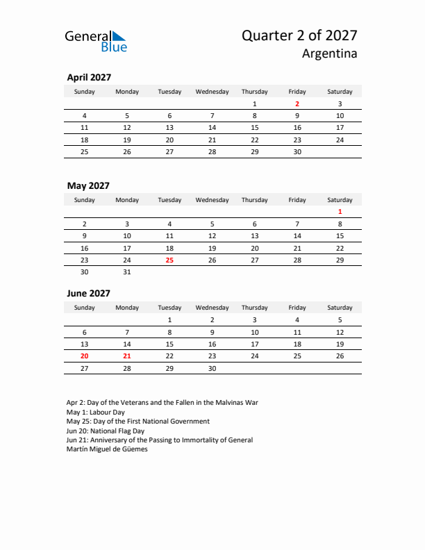 2027 Q2 Three-Month Calendar for Argentina