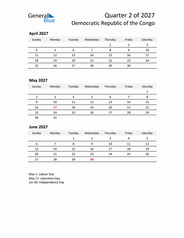 2027 Q2 Three-Month Calendar for Democratic Republic of the Congo