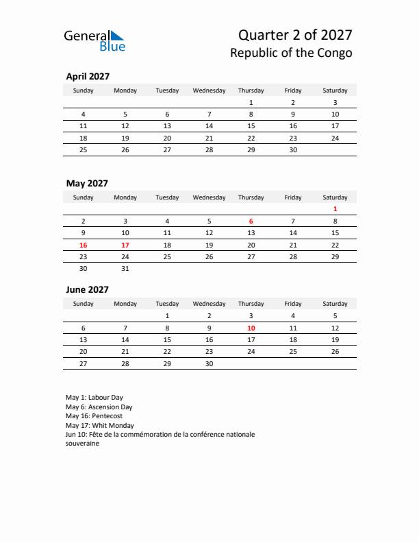 2027 Q2 Three-Month Calendar for Republic of the Congo