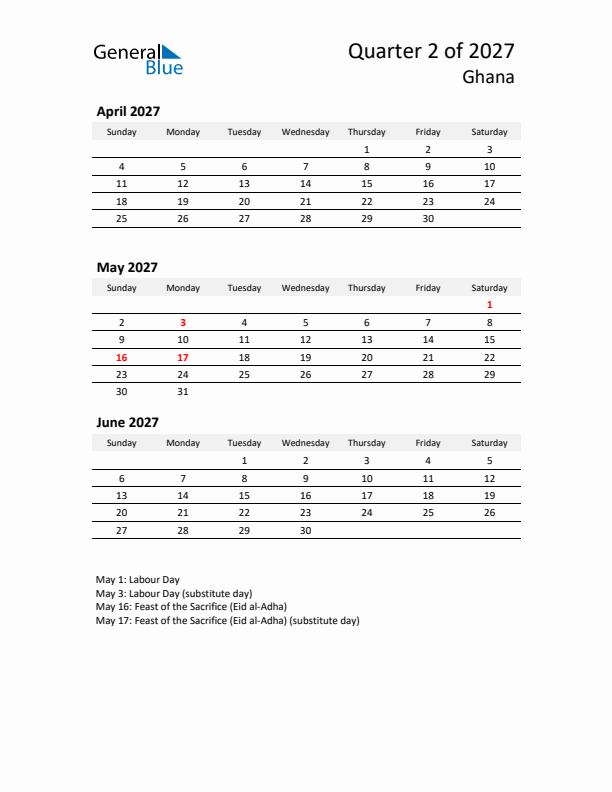 2027 Q2 Three-Month Calendar for Ghana