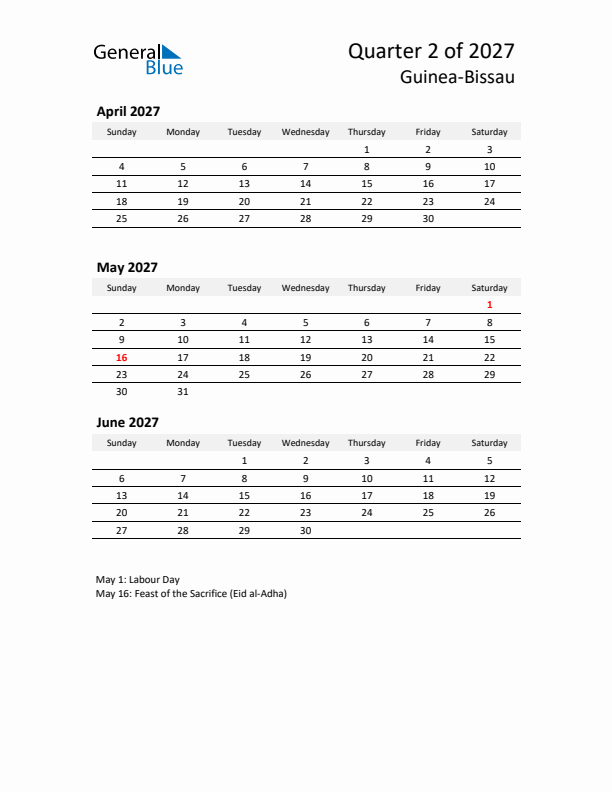 2027 Q2 Three-Month Calendar for Guinea-Bissau