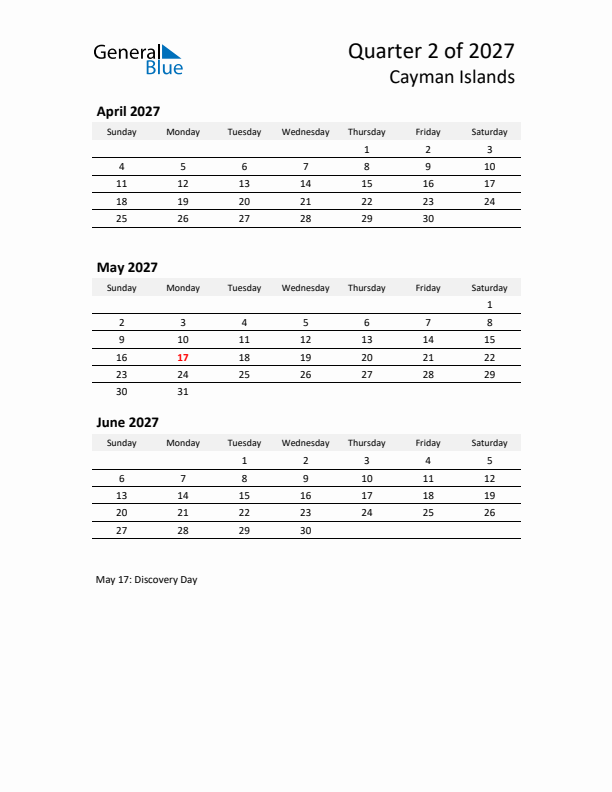 2027 Q2 Three-Month Calendar for Cayman Islands
