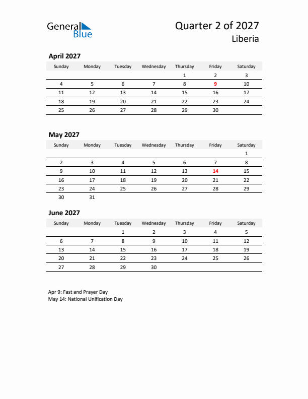 2027 Q2 Three-Month Calendar for Liberia