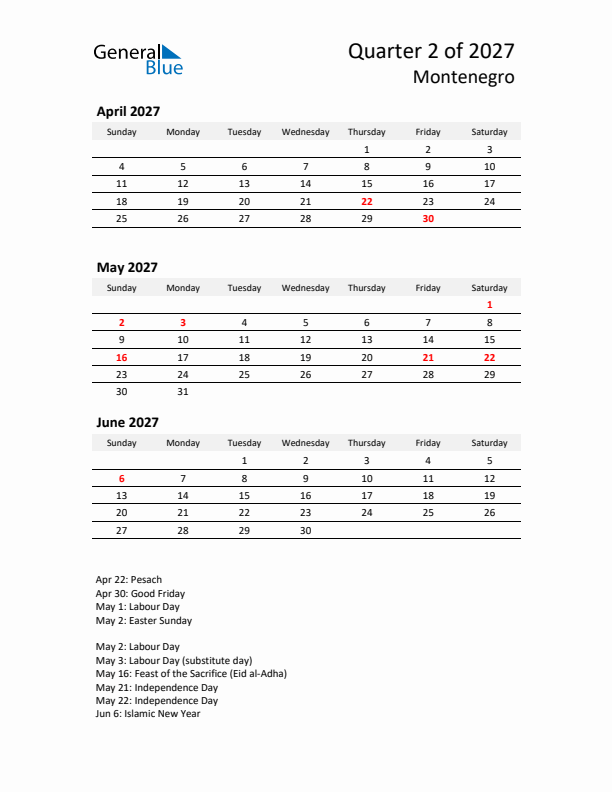 2027 Q2 Three-Month Calendar for Montenegro
